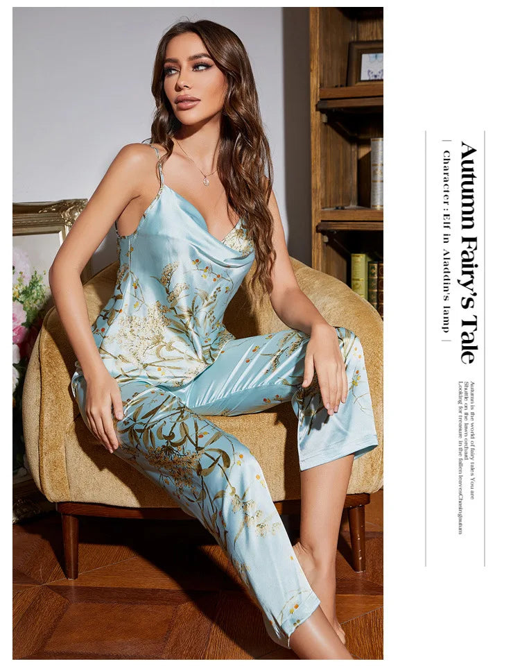 Women 4PCS Pajamas Kimono Bathrobe Nightgown Print Cherry Flower Trouser Suit Sleepwear Loose Satin Home Wear Pyjama Pour Femme