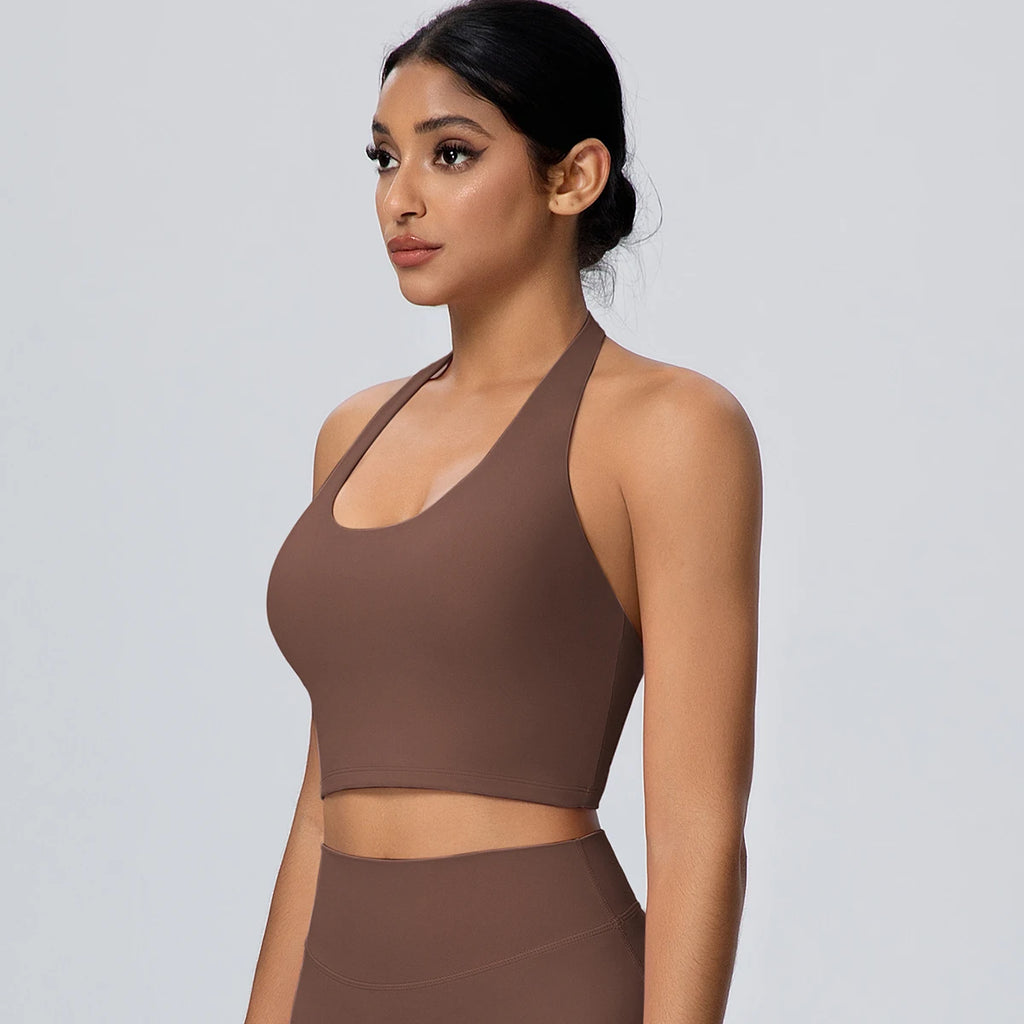 Woman Solid Color Sexy Neck Strap Bra Yoga Underwear With Chest Pad Backless Gather Shockproof Gym Workout Top Sports Yoga Bra