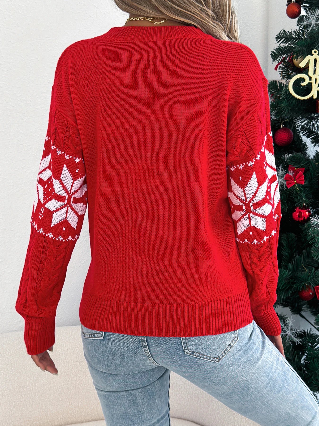 Christmas Woman Sweater Autumn Winter 2026 Casual Contrast Color Snowflake Pattern Knitted Tops Round Neck Long Sleeve Pullover