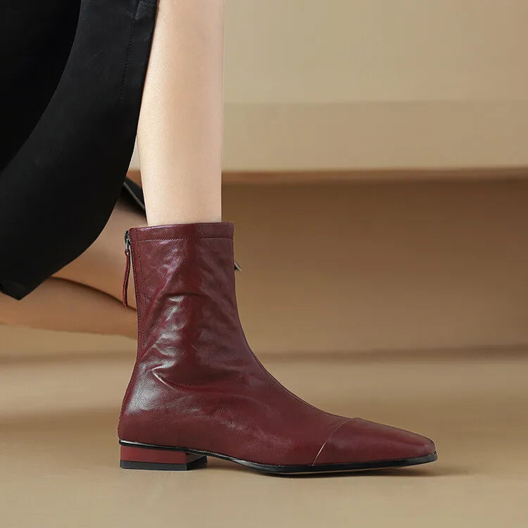 NEW Autumn/Winter Women Boots Square Toe Low Heel Shoes Genuine Leather Shoes for Women Concise Zipper Short Boots Modern Boots