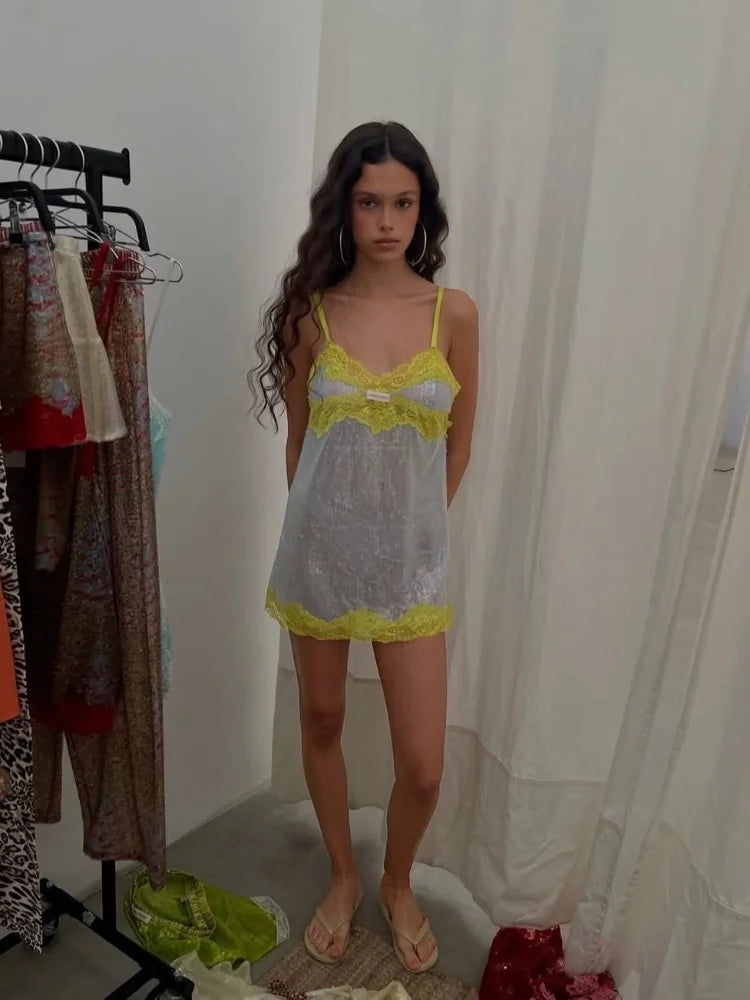 Silver Yellow Patchwork Lace Slip Mini Dress Casual V-neck Sheer Lace Trim Robes Women's Summer Beach Vacation Gowns 2026 New