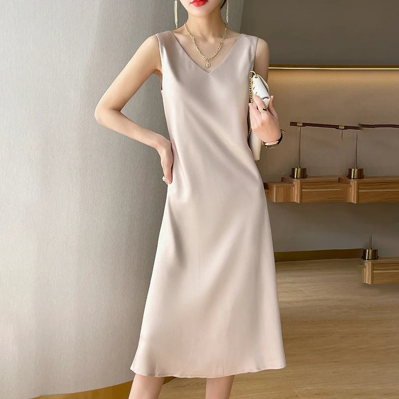 LHZSYY Silk Satin Front/Back V-neck Sling Dress Women's Sleeveless Waistcoat Top Spring Summer New Mulberry Silk Hip Long Skirts