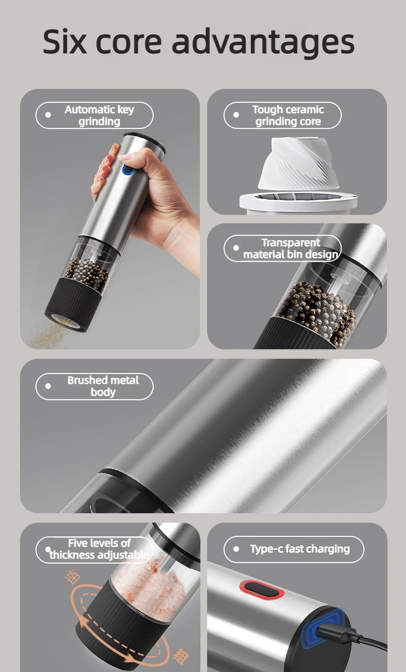 Rechargeable Automatic Salt Pepper Grinder Set Electric Grinding Mill with External Coarseness Adjustment Home Kitchen Gadgets