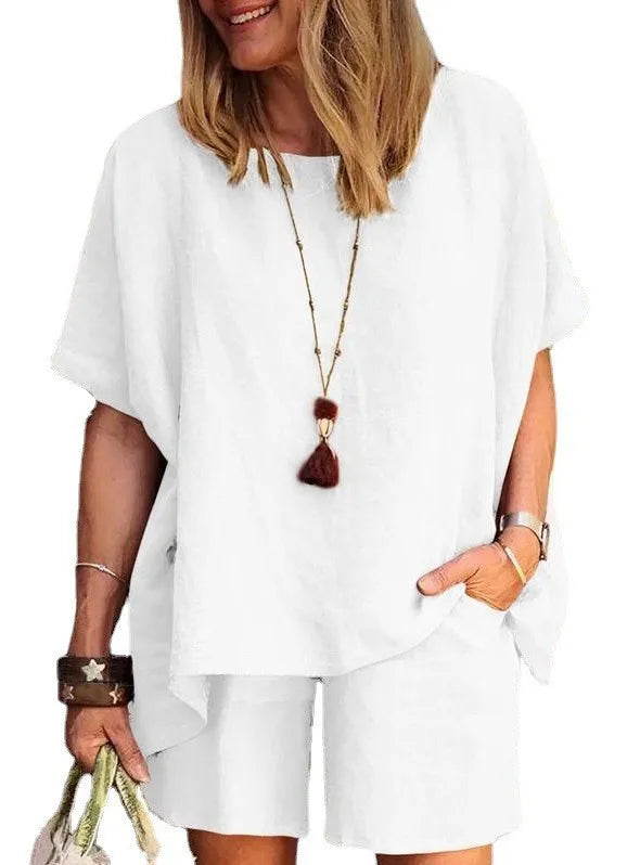 Ladies Shorts Suit Fashionable Summer Women's Elegant Solid Color Pullover Loose Cotton Linen Short Sleeved Shorts Two-piece Set