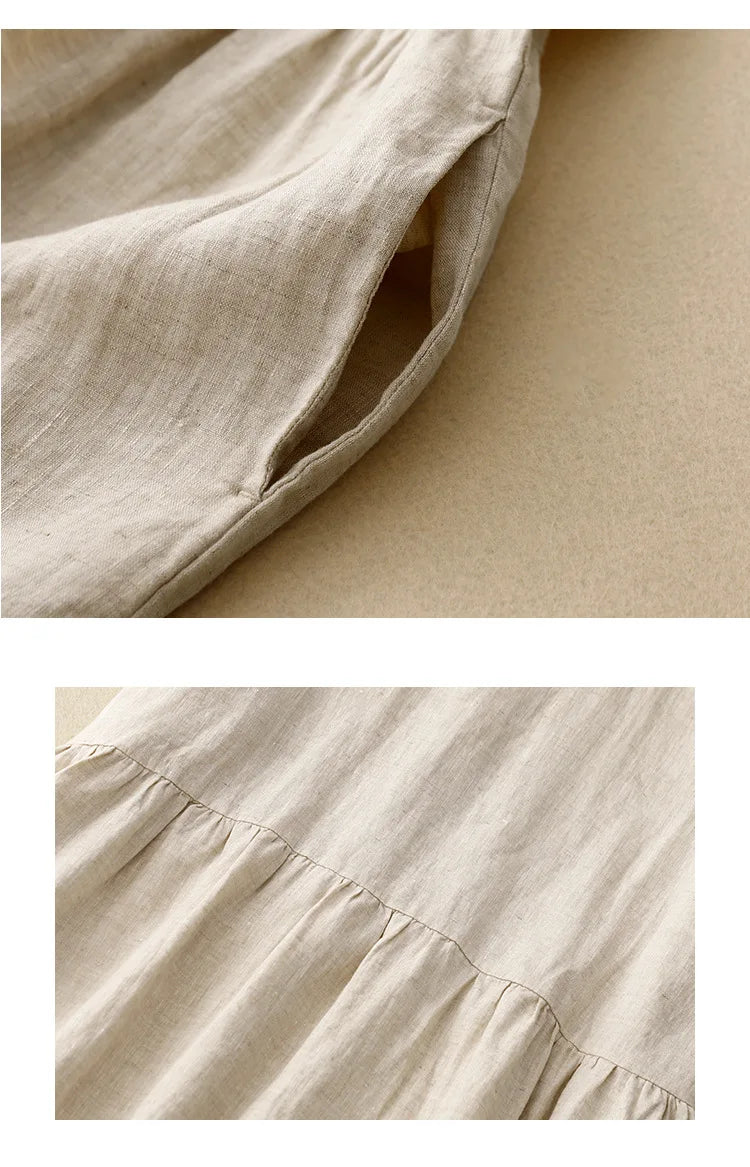 Summer Cotton Linen Blended Thin And Breathable Dress Women Literary Big Swing Short Sleeve Solid Loose Casual Female Dresses