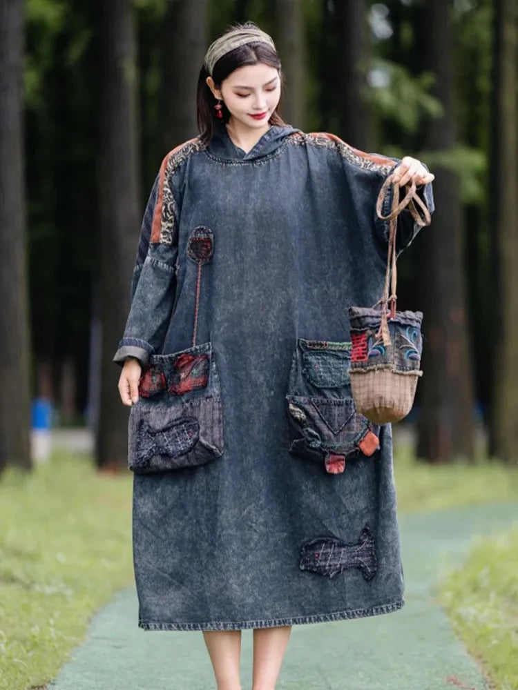 Amax LuluE 2026 Spring Ladies British Vintage Oversized Denim Dress Fashion Classic Hooded Clothes Women Punk Patchwork Vestidos