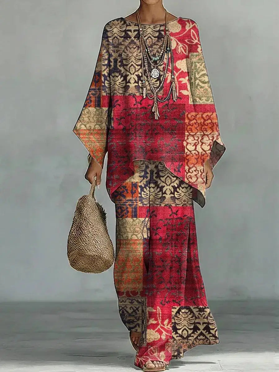 Bohemian Foreign Style Printed Women's Two-piece Set Spring Fashion O-neck Loose Top+wide Leg Pants Suit Ladies Office Outfit