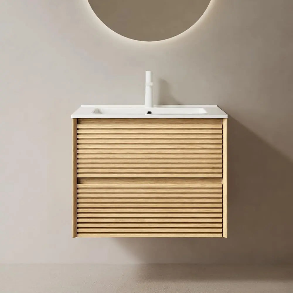 24'' Floating Bathroom Vanity with Sink, Wall Mounted Modern Bathroom Cabinet W/Curved Edges Stripes, Oak & Plywood,, Custom