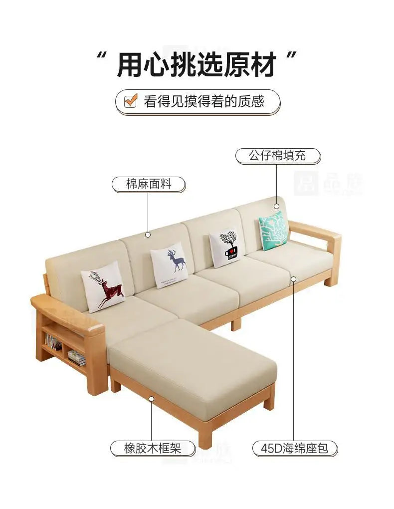Combination household living room wood cloth winter and summer dual-purpose corner princess all rubber wood solid wood sofa