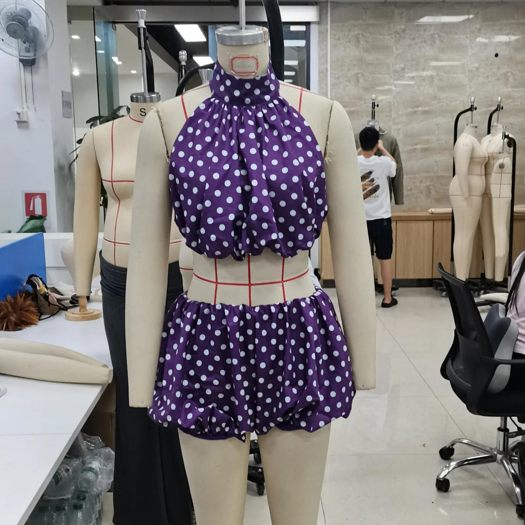 Two Pieces Set for Women Solid Color/Dot Sleeveless Backless Halter Neck Crop Tops with Mini Skirt Summer Suits