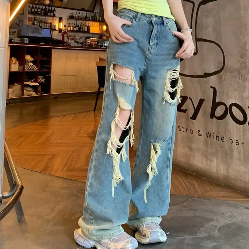 Retro Ripped Jeans for Women Summer High Waisted Loose Straight Leg Pants 2026 New Casual High Street Wide Leg Denim Trousers