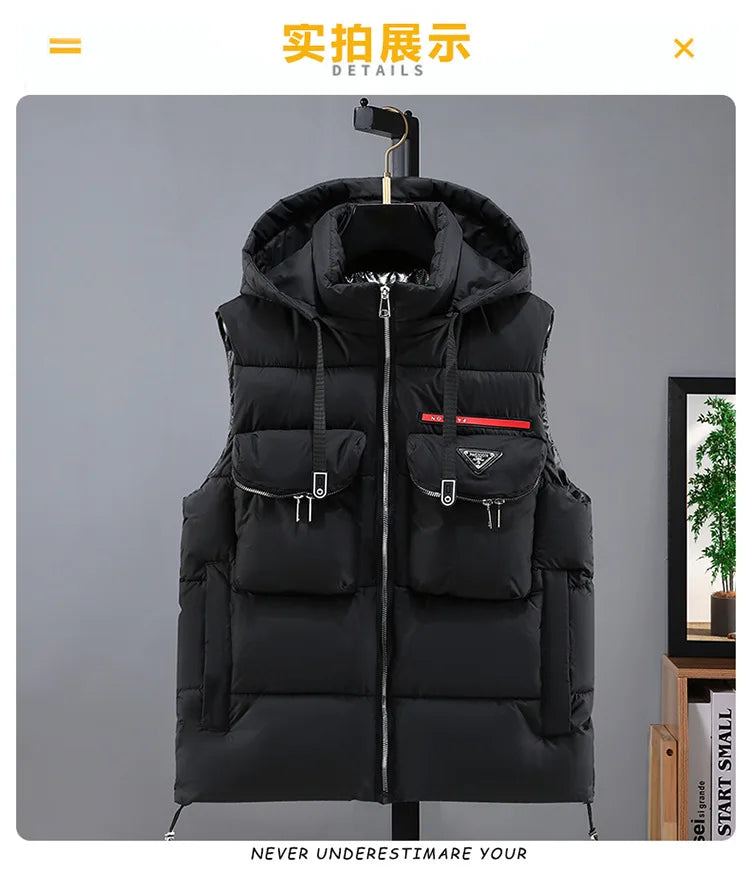 New in Padded Vest Men Winter Hooded Zip-up Turtleneck Sleeveless Jacket Male Cotton Down Autumn Warm Pocket Work Wear Waistcoat
