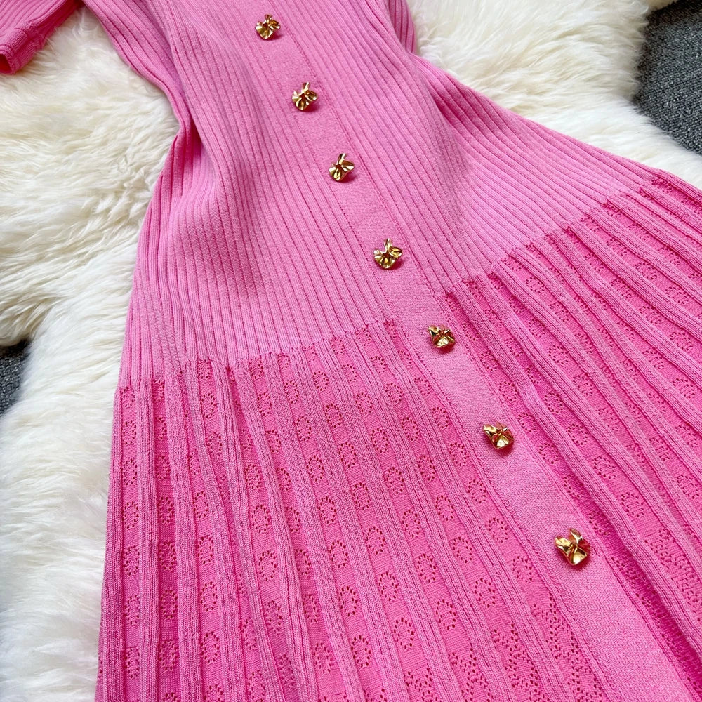 YuooMuoo Brand Fashion Elegant Patchwork Knitted Long Dress Spring Summer Women Luxury Shirt Sweater Dress Lady Party Vestido