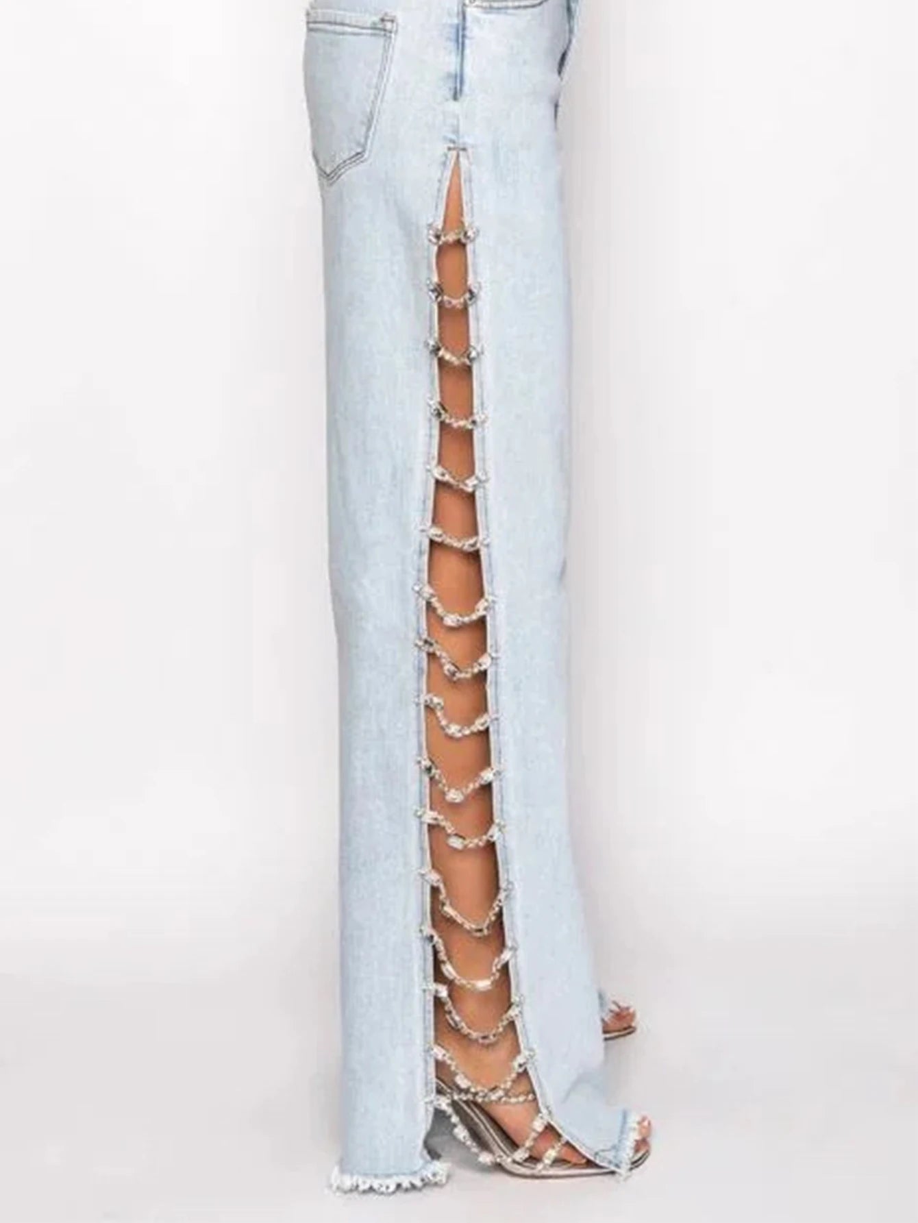 Sexy Hole Rhinestone Denim Pants Women Fashion Baggy Pants Hotwife Streetwear High Waist Wide Leg Jeans Woman Clothing Trousers