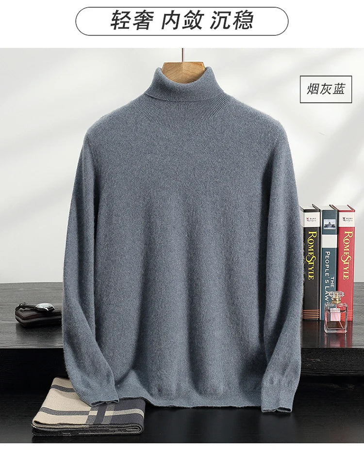 Autumn/Winter Men's 100% Cashmere Pullover Business Casual Solid Knitted Sweater Loose High Collar Tops Basic Thick Warm Jumper