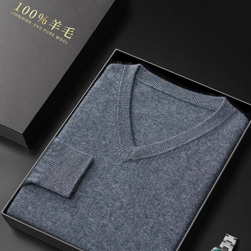 100% Merino Wool Men's V-Neck Pullover Autumn and Winter Basic Knit Versatile Sweater Casual Long Sleeve Shirt Cashmere Man Top