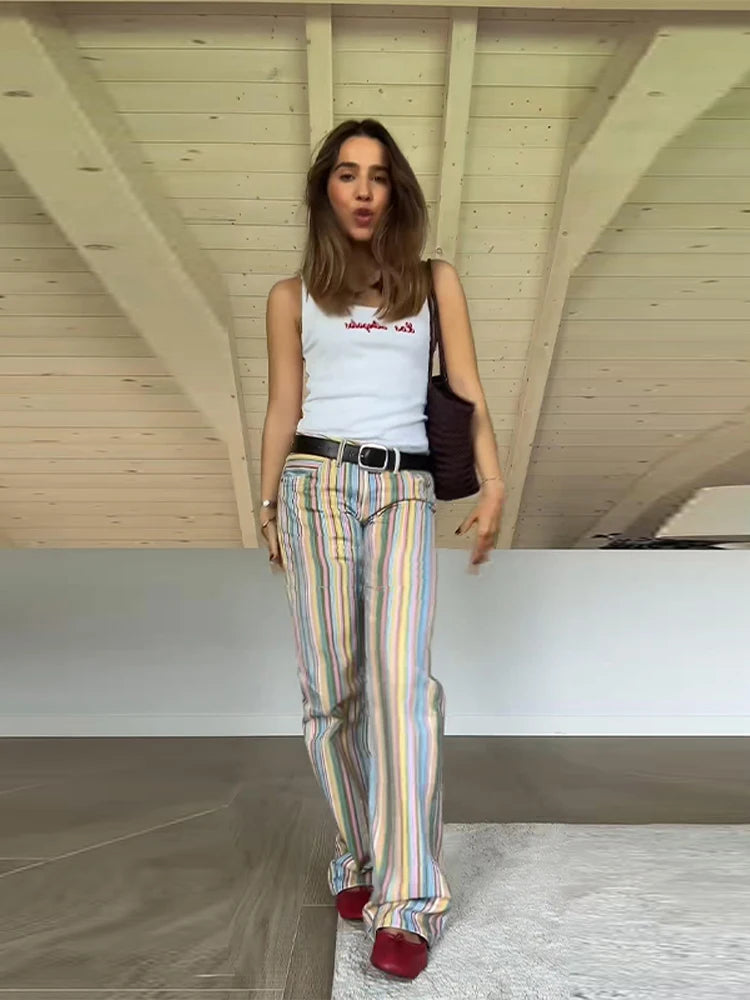 Women Striped Trousers Curved Knife Jeans  High Waist Contrasting Color Loose Versatile Casual Long Pants Women's Aladdin Pants