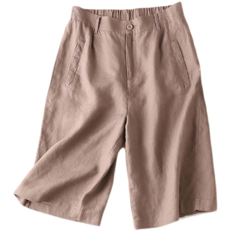 Casual Linen Wide Leg Short Pants Women Summer Loose Fit Thin Cotton Linen Five-Point Pure Color Versatile High Waist Shorts