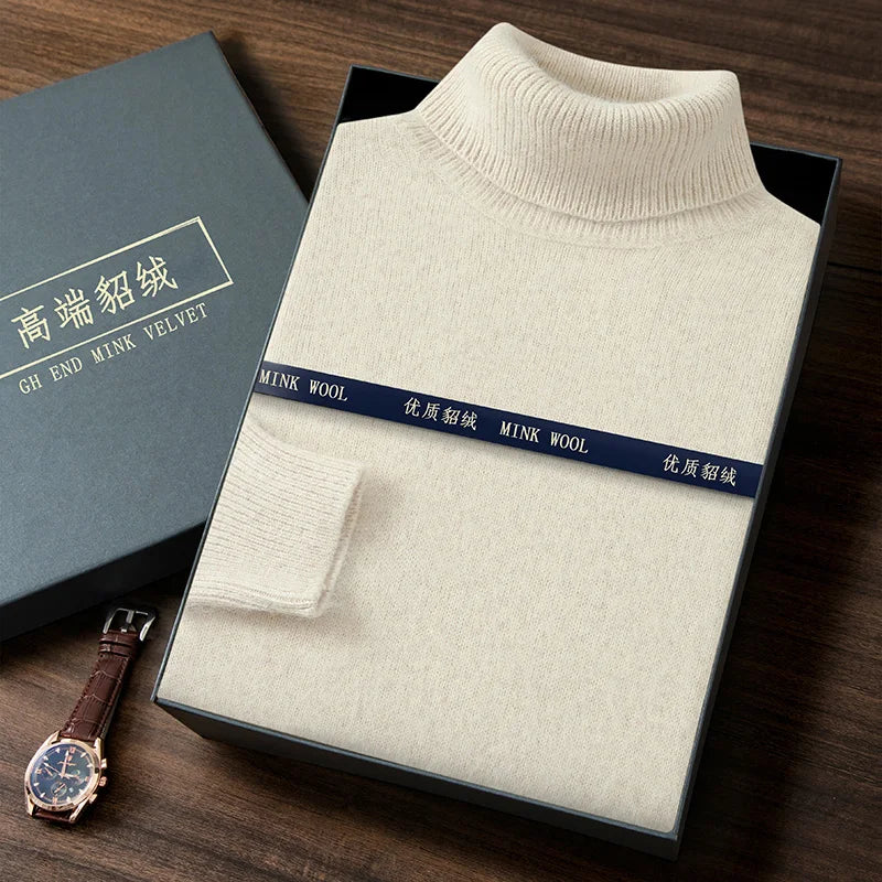 2024 Autumn Winter New Men's Casual High Collar Mink Cashmere Sweater Versatile Loose Pullover Knitted Sweater Warm Base Sweater
