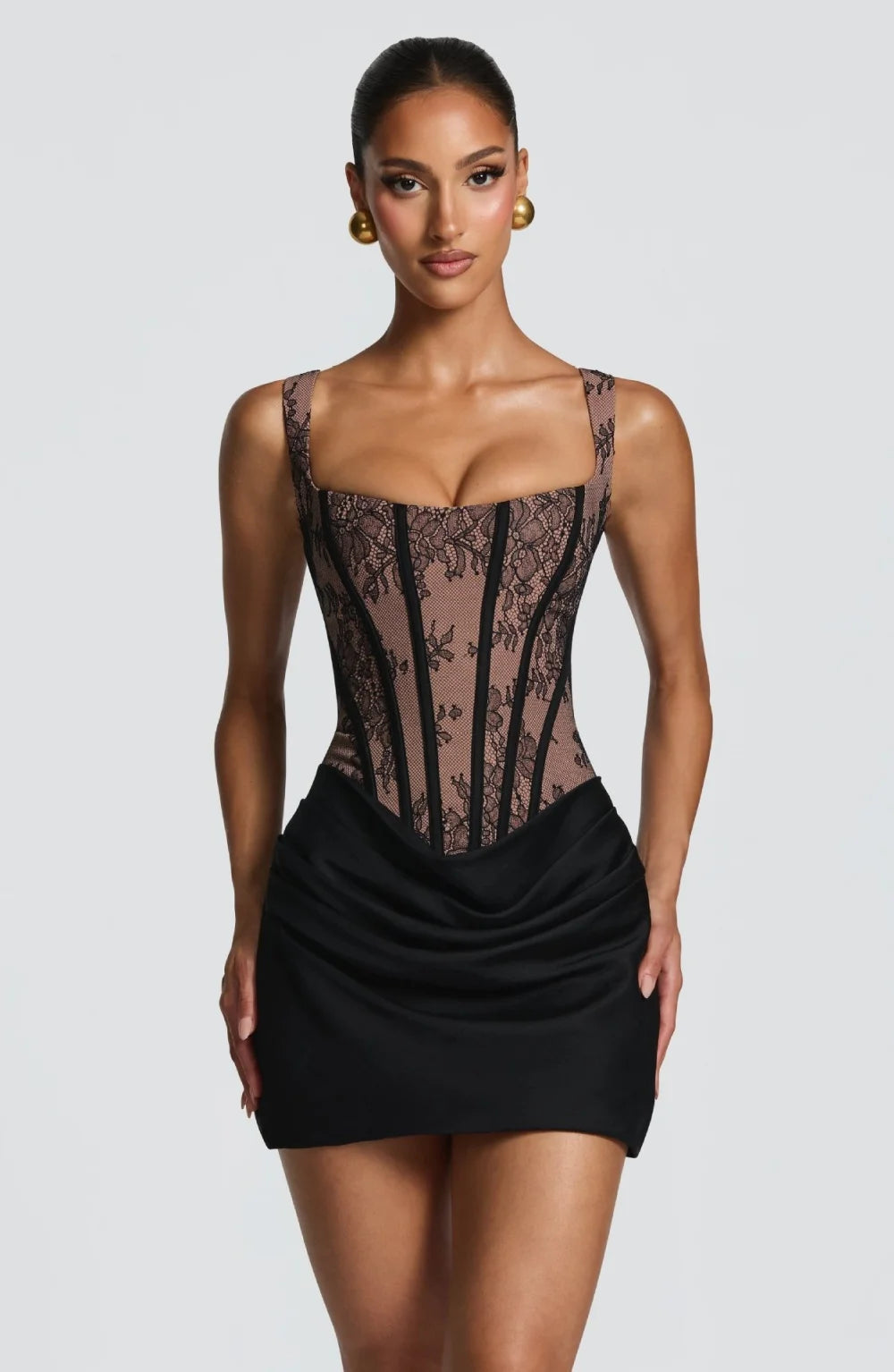RLMABABY Sexy Lace Splice Ruched Women Mini Bodycon Dress Slim Square Collar Backless Corset Back Lace Up Club Party Short Dress