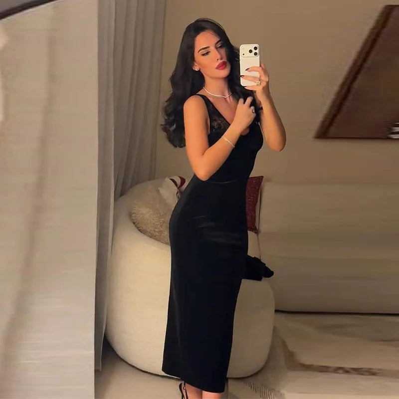 Sexy Deep V-neck Lace Spliced Sequins Long Dress Women Sleeveless Backless Hip Package Slim Dresses 2026 Spring Lady Party Gowns