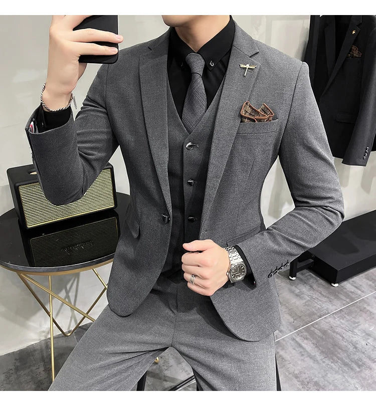 Blazer Vest Pants Men's Navy Blue Suit Set Slim Fit Blazer Vest Pants Formal Outfit for Business Wedding Office Groom Party
