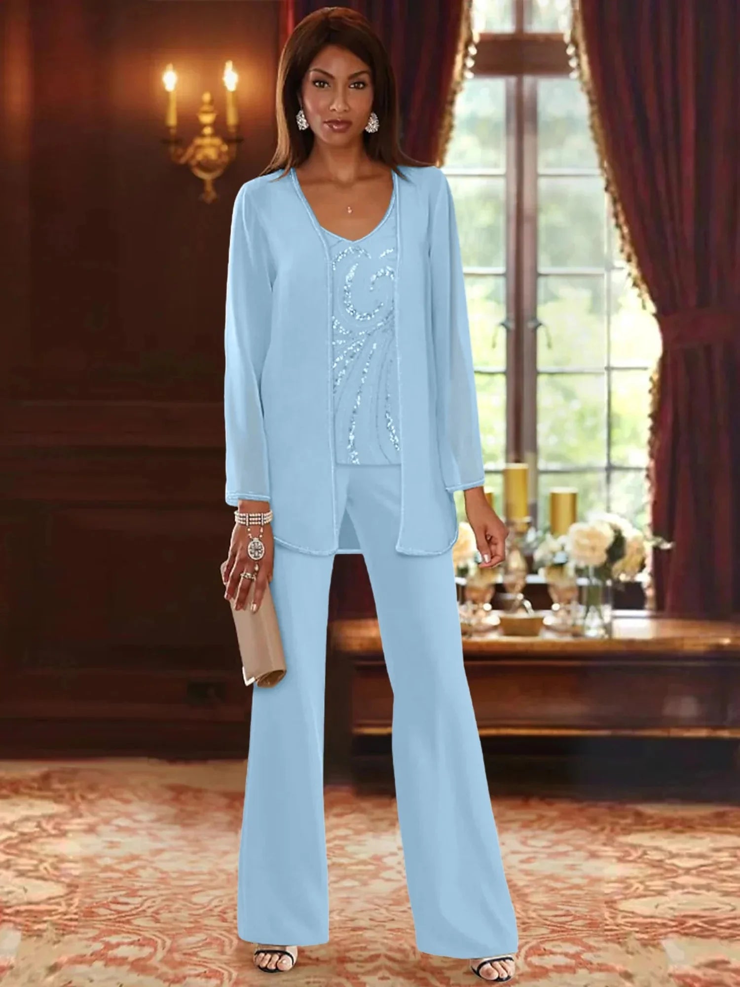 Pantsuit 3 Piece Mother of the Bride Dress Formal Wedding Guest V Neck Chiffon Lace Sleeveless with Beading Sequin 2024