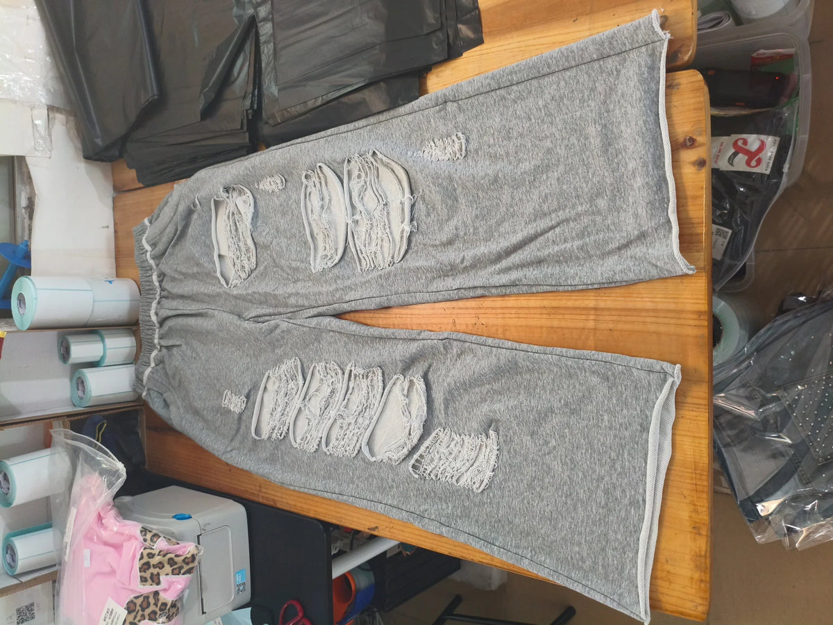 Y2k Grey Ripped Women's Jogging Wide Leg Pants American Retro Hip-hop Drape Thin Sports Pants Solid Color Loose Casual Summer