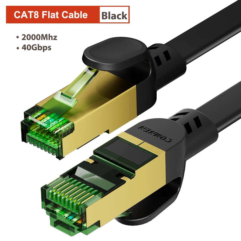 COMNEN New Cat8 Flat 40Gbps Ethernet Cable 2000MHz High Speed Internet Double Shield Networking for PS5 PC Router Players Gamer