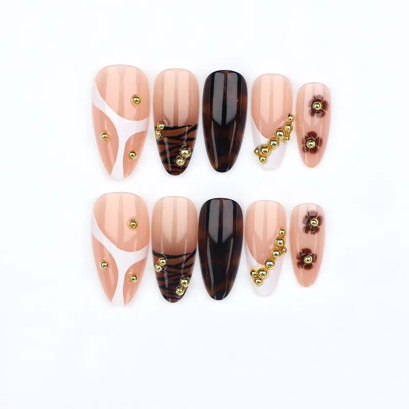 24PCS French Leopard Print Press on Nails Autumn Golden Pearl Brown Flowers Almond False Nails for Women Wearable Nail Manicure