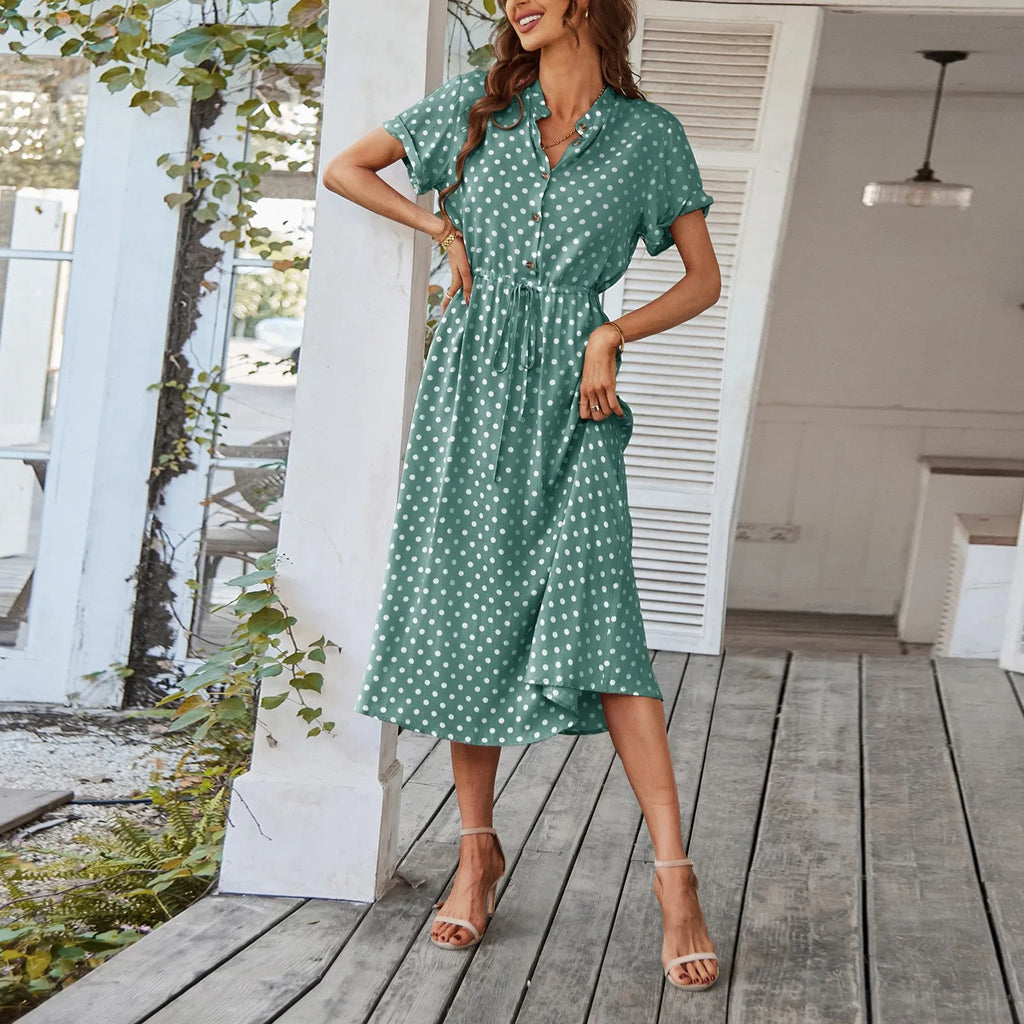 Elegant retro polka dot dress Women's Summer Midi Dress V Neck Single Breasted Short Sleeve Dresses Fashion Print Dress