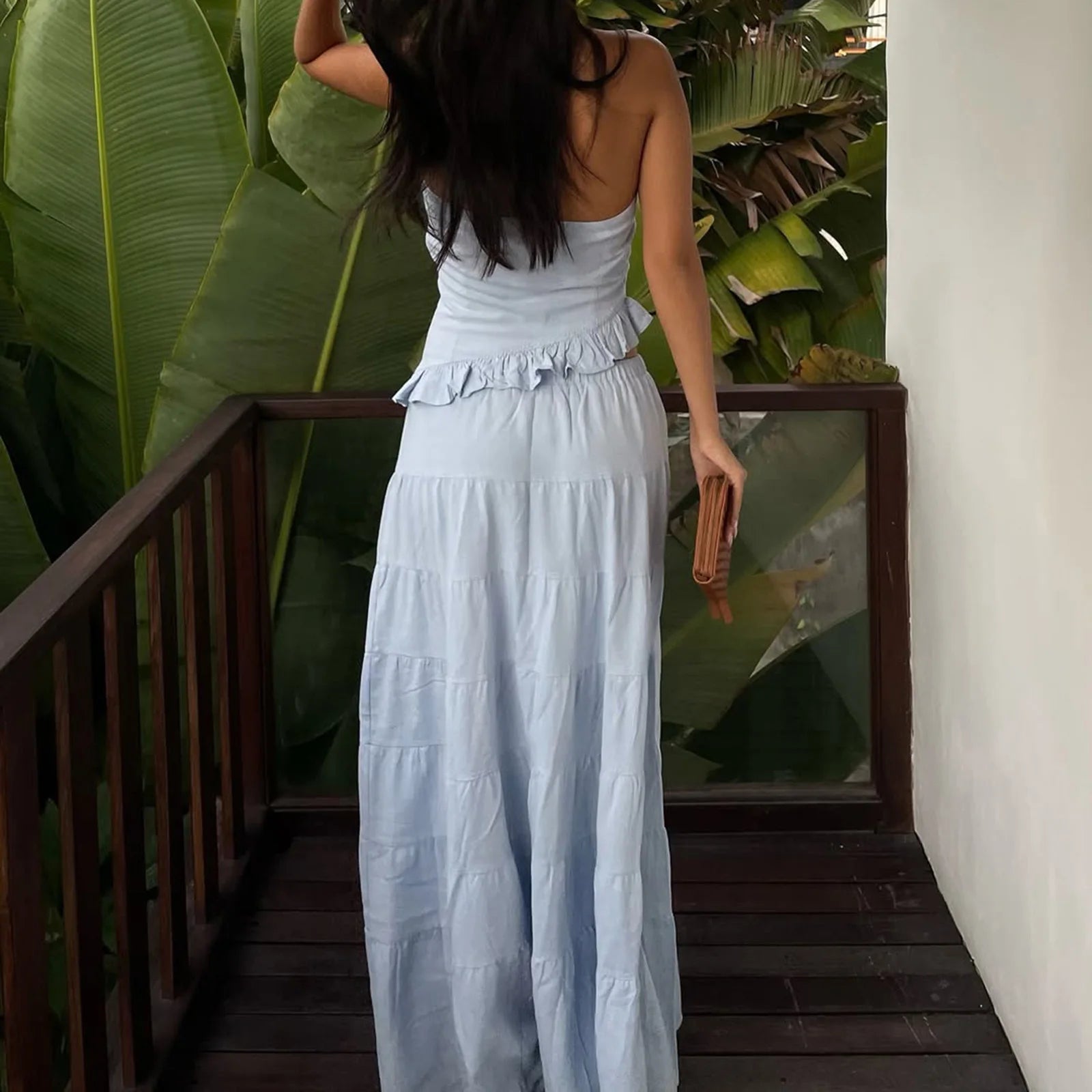Women Summer Boho 2 Piece Maxi Skirt Sets Y2k Sexy Halter Ruched Cami Tops Tiered Flowy Ruffle Skirts Holiday Beach Outfits