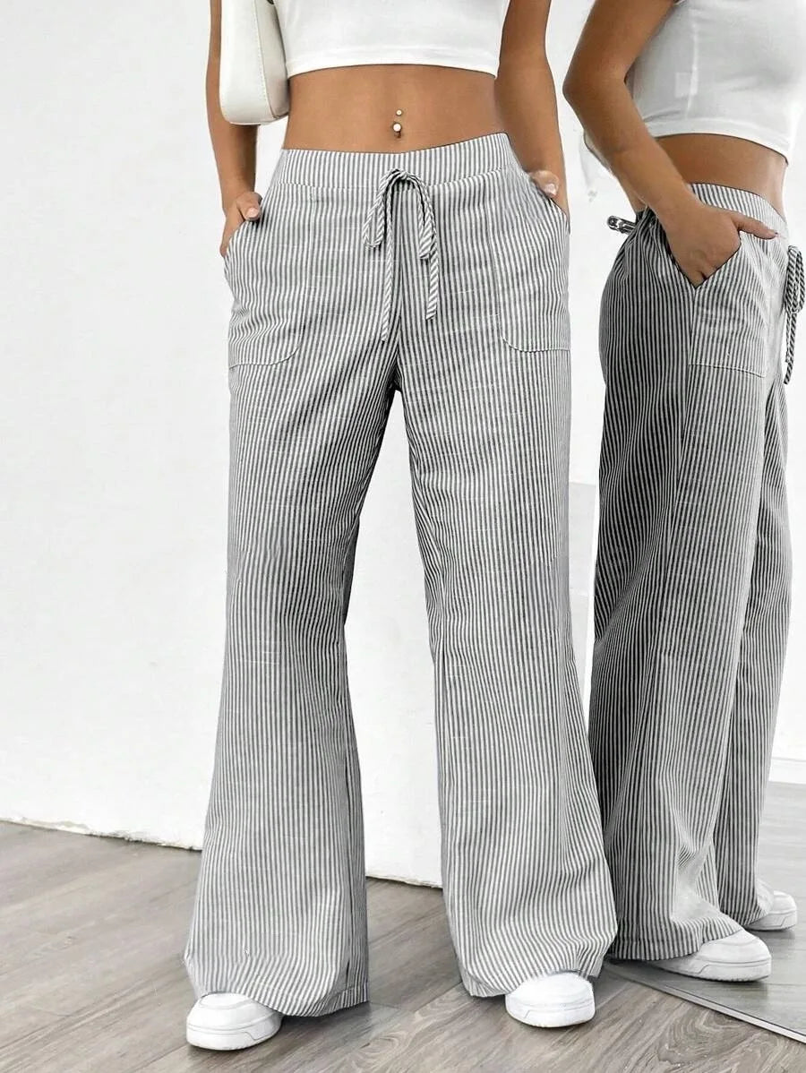 Summer Striped Wide Leg Pants Women High Waisted  Drawstring Loose Fit Slimming Casual Straight Leg Harem Pants Female Trousers