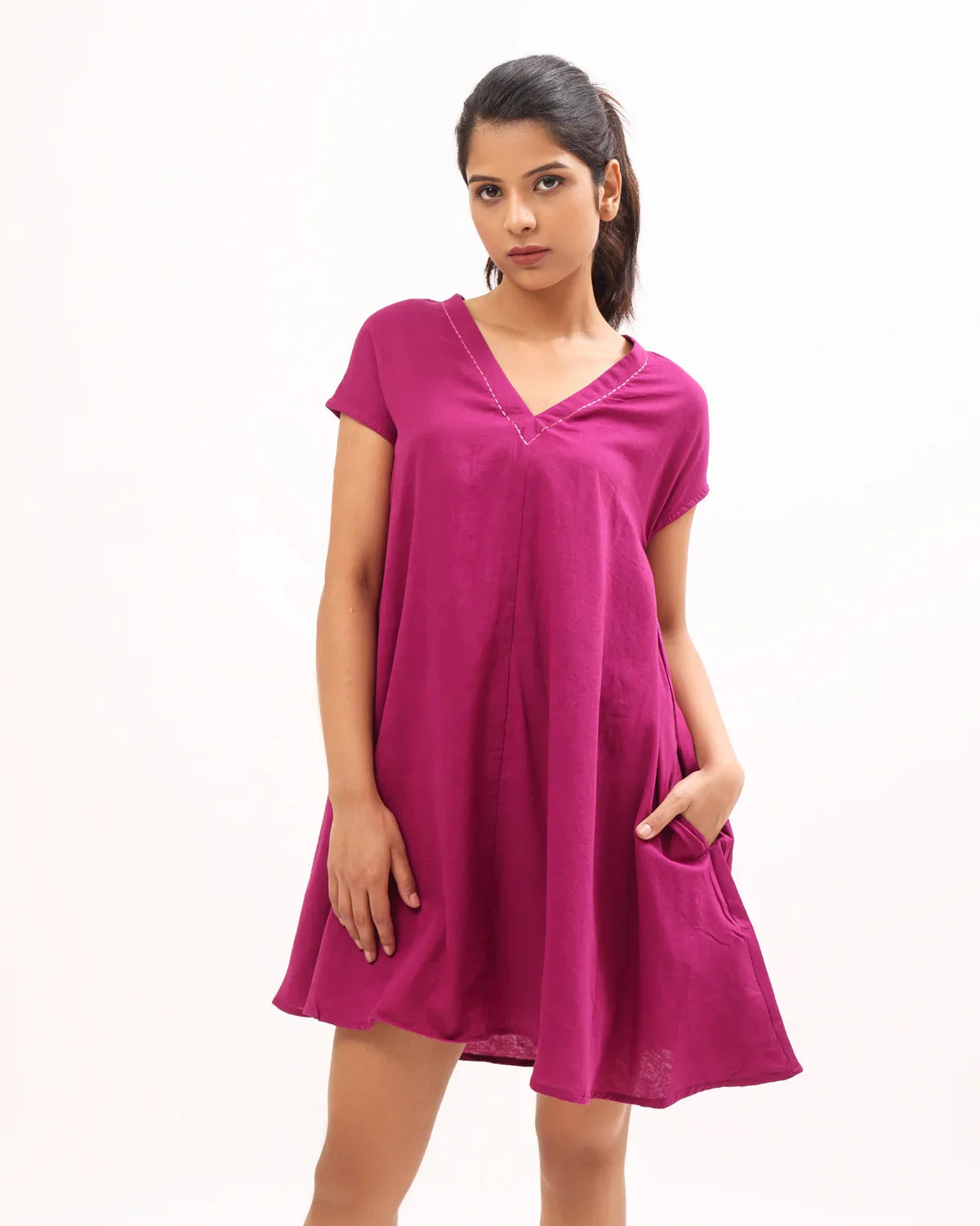 Women's Pink Solid Fit Flare Dress Cotton A-Line Dress Digital Printing Pockets Plain Dyed Techniques Sustainable Autumn