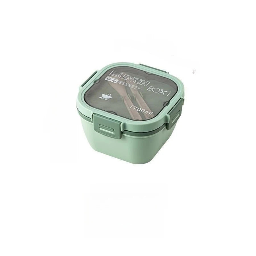 Double Stackable Lunch Box, 50 oz. Large Salad Bowl, 4 Compartment Tray, 3 oz. Sauce Container, Built-In Reusable Fork & Spoon