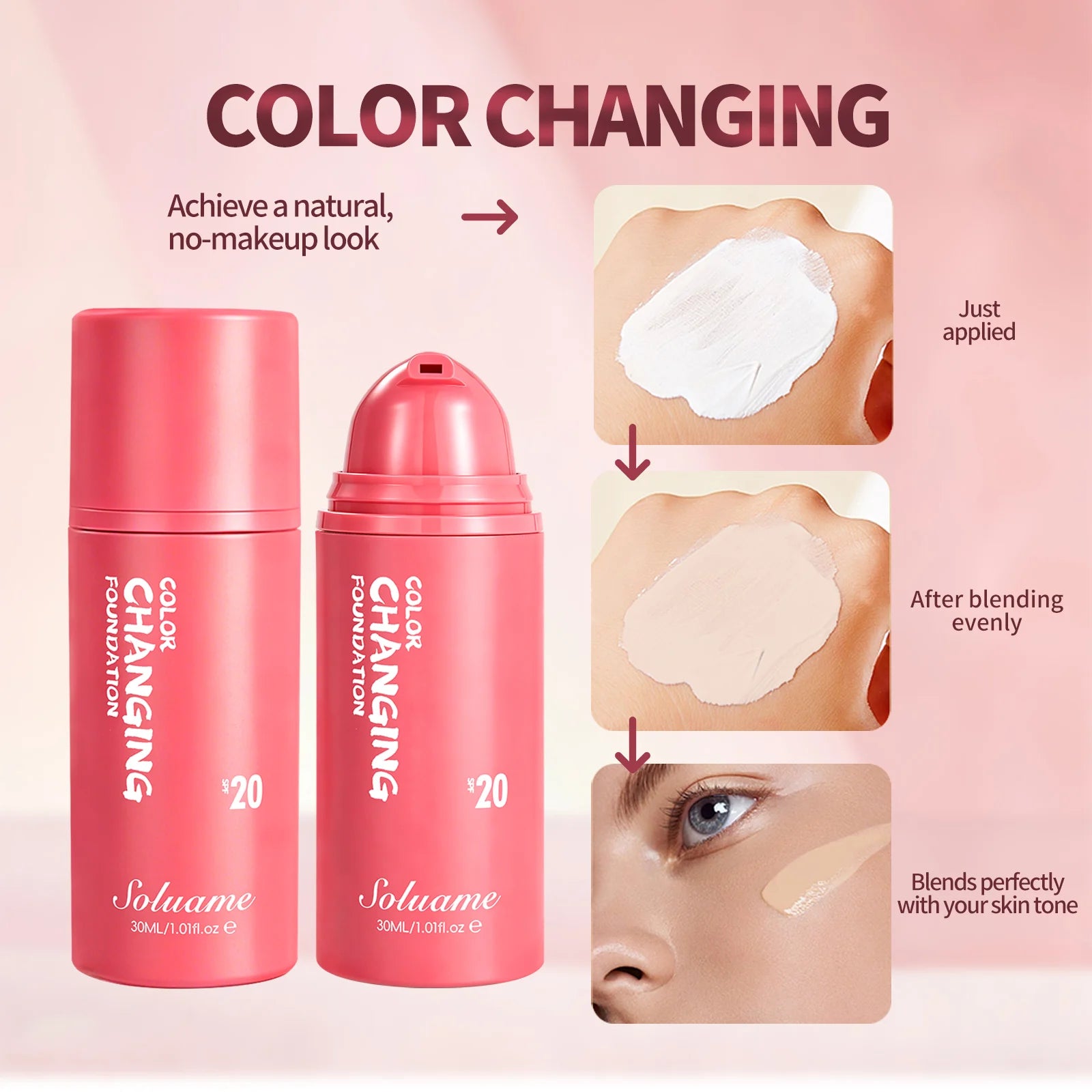 Color Changing Foundation Spf 20 Sunscreen Face Makeup, 30ml, Flawless Coverage Self-Adjusting Liquid Foundation for Natural Look