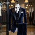 High Quality Navy Blue Velvet Men's 3 Pieces Tuxedo Suit Versatile Formal Blazer Vest Pants For Wedding Dinner Party Customized