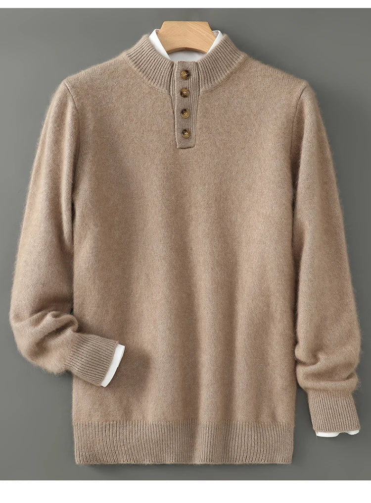 Men's Thicken 100%Pure Mink Cashmere Sweater Youth Button Semi-High Neck Loose Knit Pullovers Autumn and Winter Warm Base Shirt
