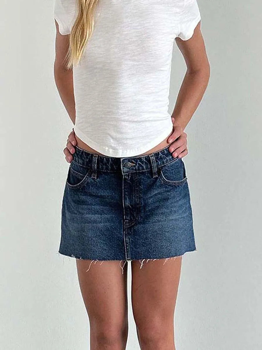 New Womens Denim Mini Skirts Low Waist Raw Hem Casual Fashion Jean Skirts For Summer Club Street Style S-2XL