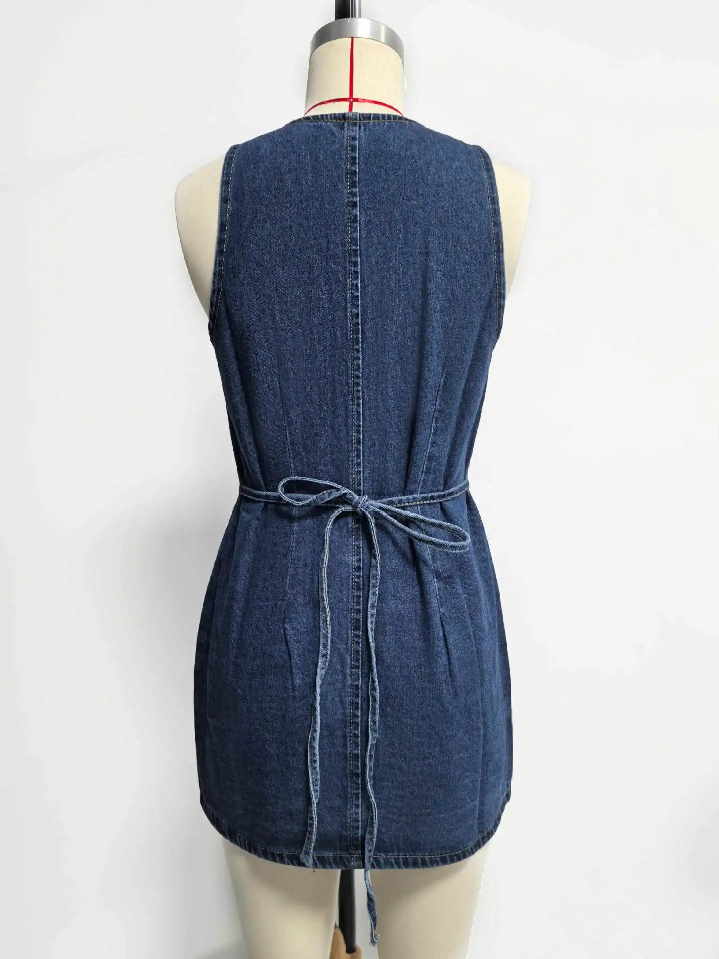 Women's Retro Spicy Girl Design Sleeveless Denim Dress Spring Summer Washed Denim Short Skirt High Waist V-neck Dress for Women