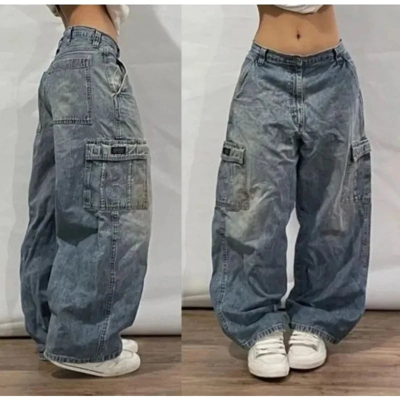 American New Fashion Geometric Pattern Embroidered Baggy Jeans Women Y2K Harajuku Vintage Hip-hop Popular Casual Wide-leg Pants