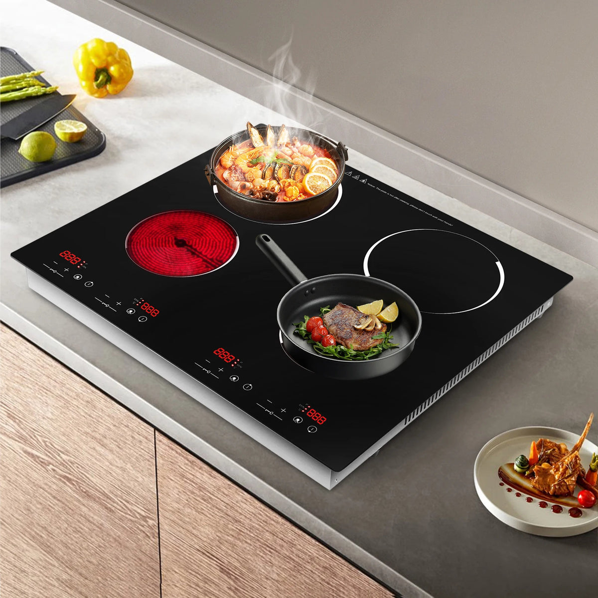 3000W Electric Ceramic Cooktop 4 Burners 110V, Infrared Radiant Stove with 9 Power Levels, Built-in Countertop Kitchen Cooker