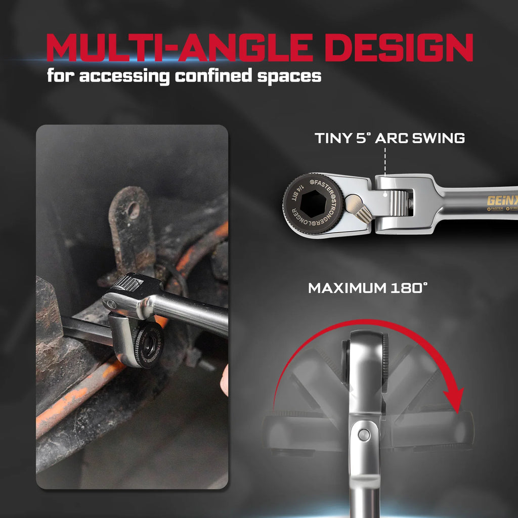 Geinxurn 1/4-inch Ratchet Wrench Set, Multi-Angle Design, Portable Hand Repair Tool Kit, for Confined Spaces & Daily Repairs
