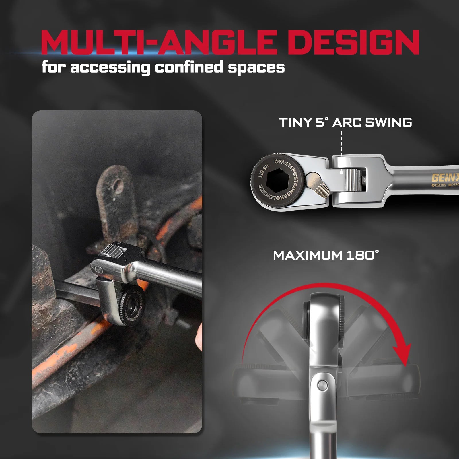 Geinxurn 1/4-inch Ratchet Wrench Set, Multi-Angle Design, Portable Hand Repair Tool Kit, for Confined Spaces & Daily Repairs