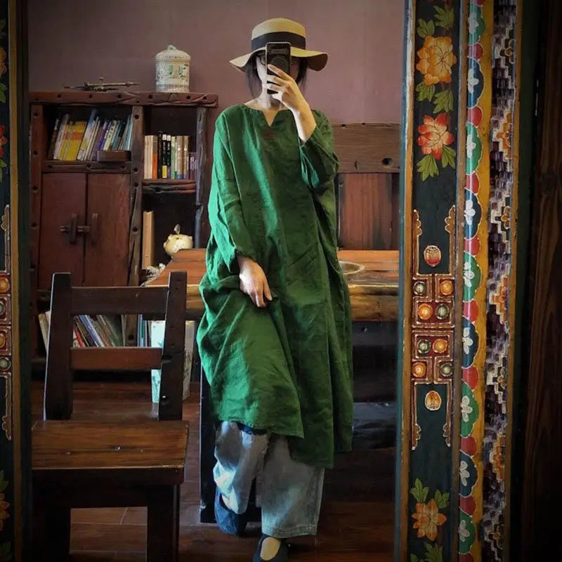 2024 Spring Autumn New Arts Style Women Long Sleeve V-neck  A-line Dresses Vintage Embroidery Cotton Linen Loose Long Dresses