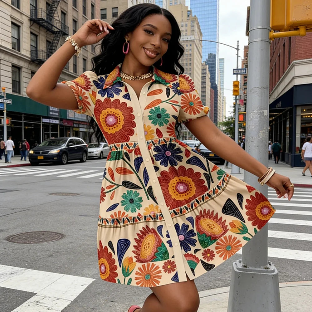 2026 Women's Summer Princess-Sleeve Ethnic Geometric Floral Print Shirt Dress Vintage Ruffle Hem A-Line Mini Party Dresses