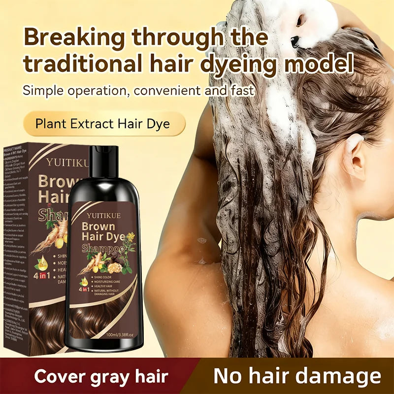 YUITIKUE Brown Hair Dye Shampoo 100ml 4-in-1 Moisturizing Care, No Damage & Fast Gray Hair Coverage