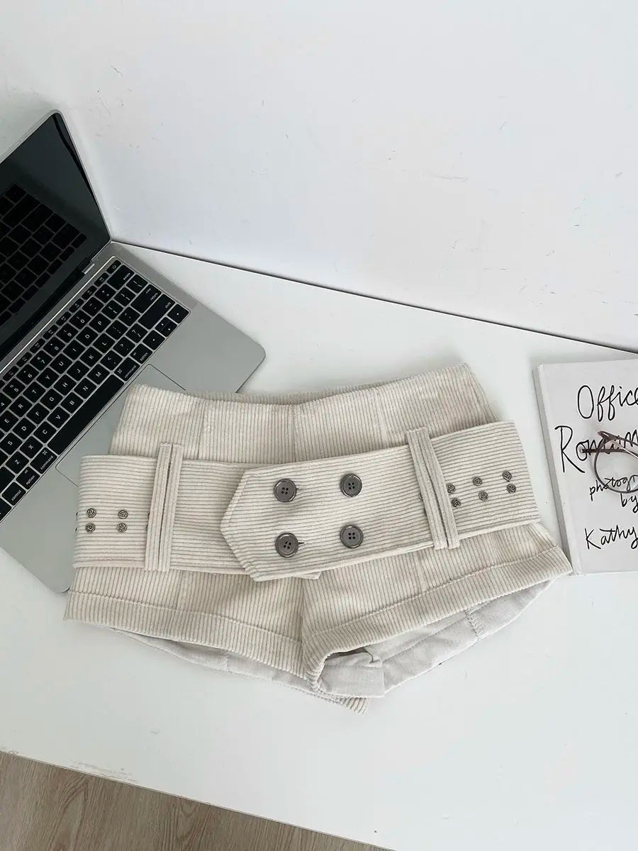 Retro Belt Low Waist Corduroy Shorts Women 2026 New Spice Girl Casual Y2k Shorts