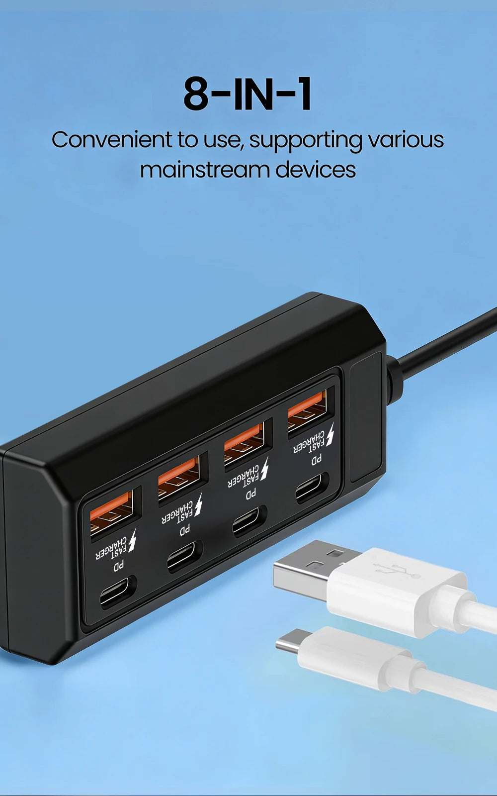4 USB Charger Power Strip Fast Charging 4 Type C Phone Charger Adapter Electric Socket Extension Cable Socket for Home Office