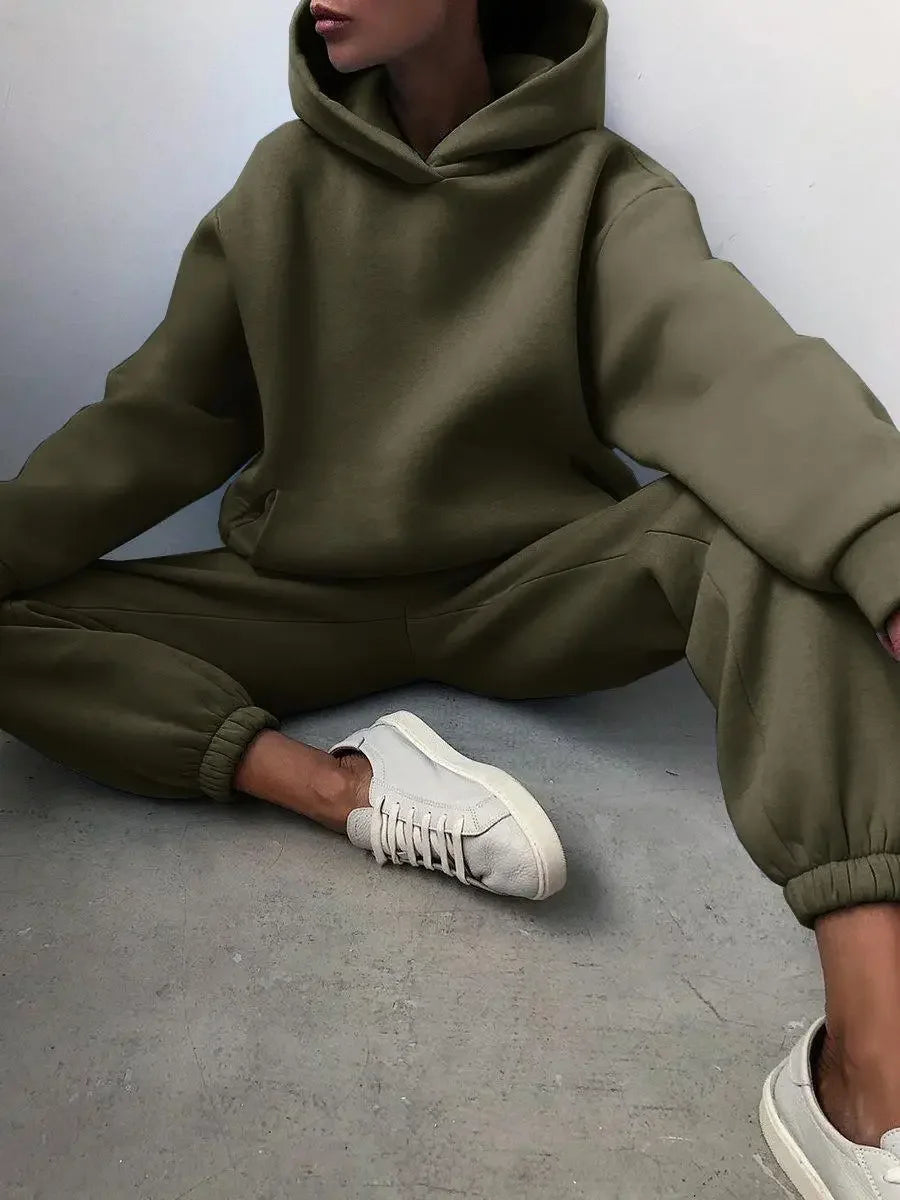 Two Piece Pant Sets Women Solid Thick Sweatshirts Hooded Full Sleeve Elastic Waist Spliced Long Pants Pockets Casual Suits